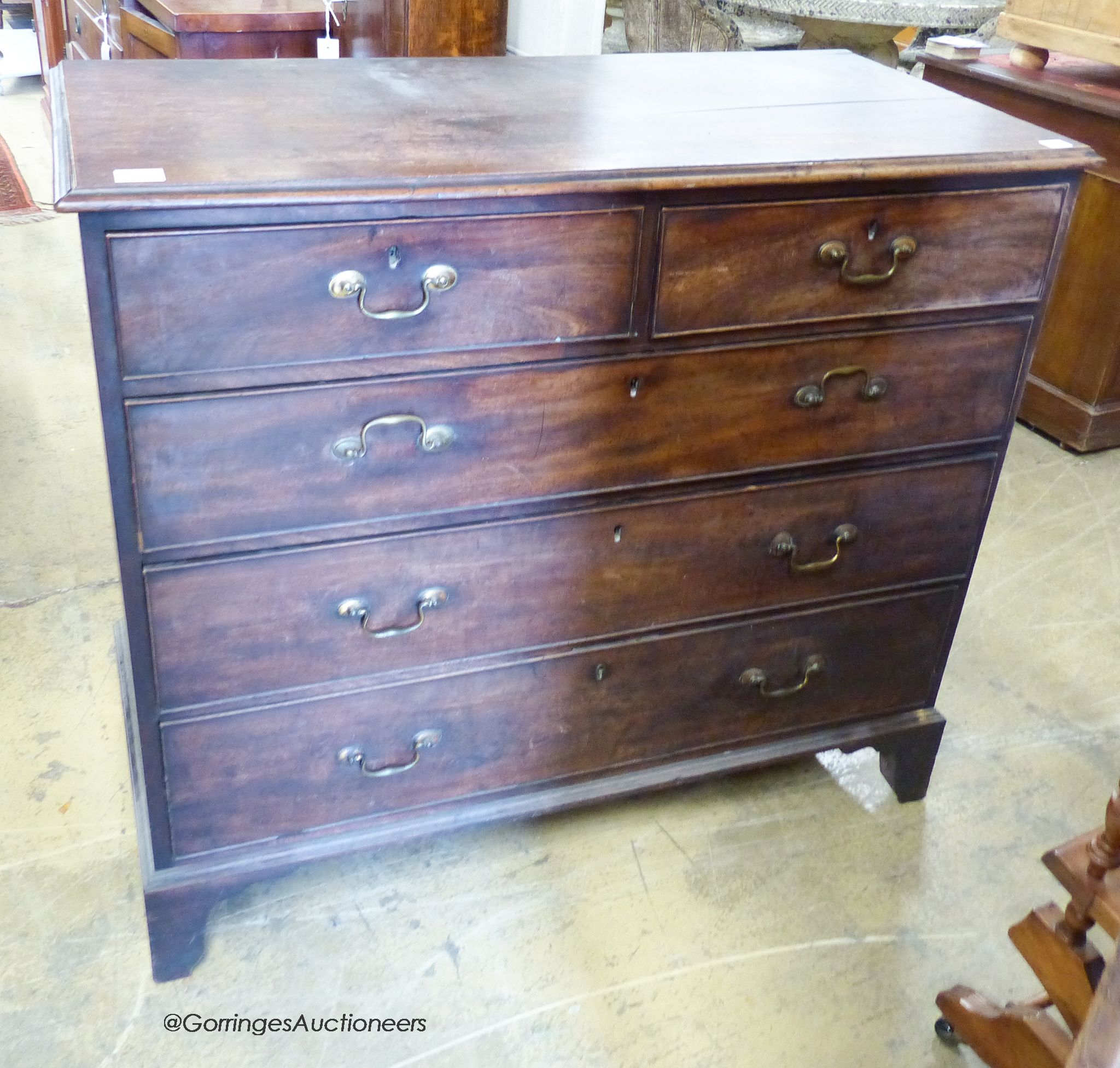 A George III mahogany five drawer chest, W-110cm, D-51cm, H-97cm.